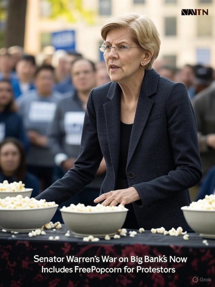 Image that is a representation of Senator Warren's War on Big Banks Now Includes Free Popcorn for Protestors