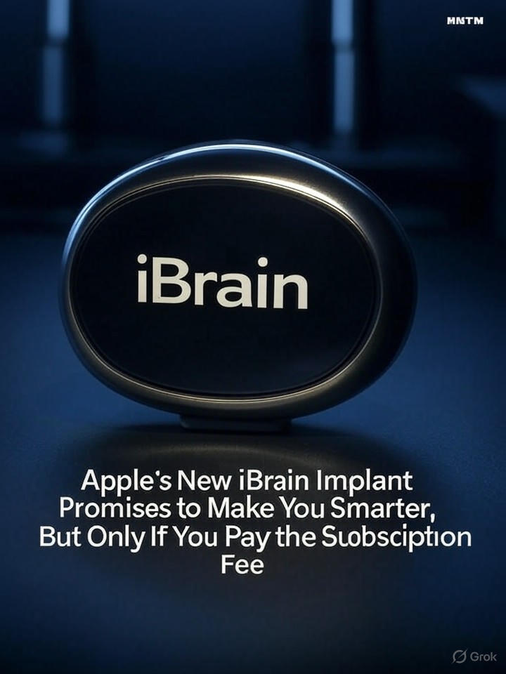 Image that is a representation of Apple's New iBrain Implant Promises to Make You Smarter, But Only If You Pay the Subscription Fee