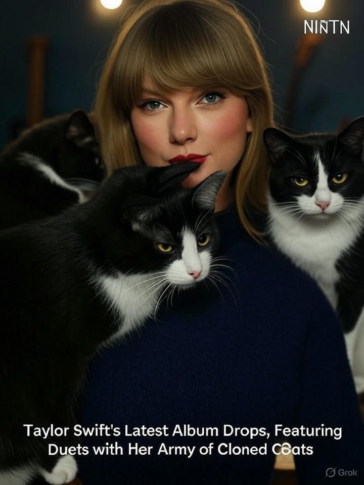 Image that is a representation of Taylor Swift's Latest Album Drops, Featuring Duets with Her Army of Cloned Cats