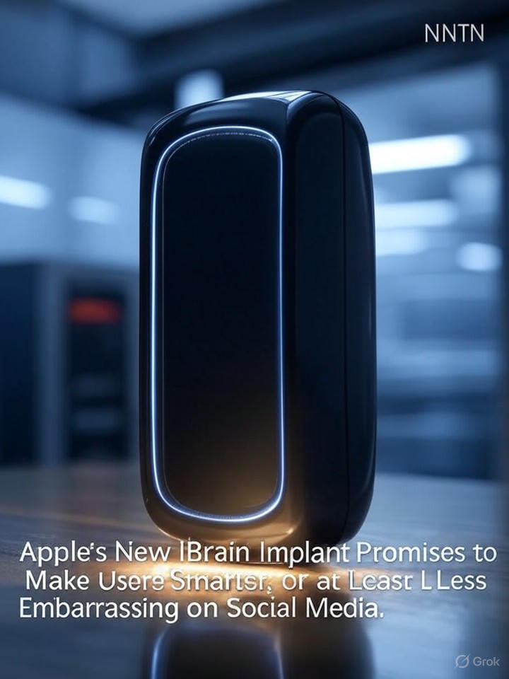 Image that is a representation of Apple's New iBrain Implant Promises to Make Users Smarter, or at Least Less Embarrassing on Social Media