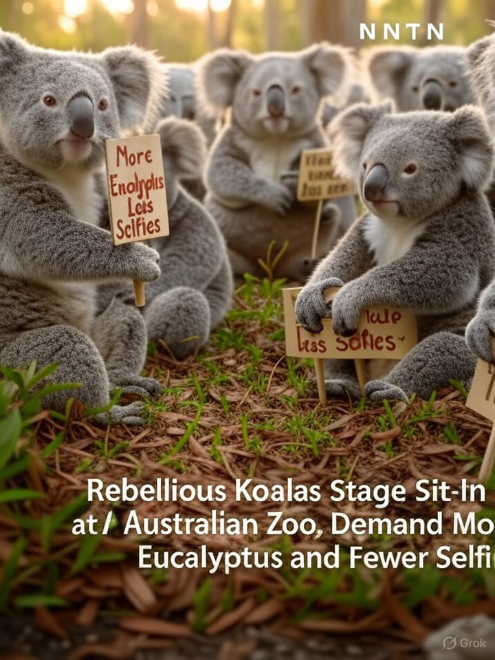 Image that is a representation of Rebellious Koalas Stage Sit-In at Australian Zoo, Demand More Eucalyptus and Fewer Selfies
