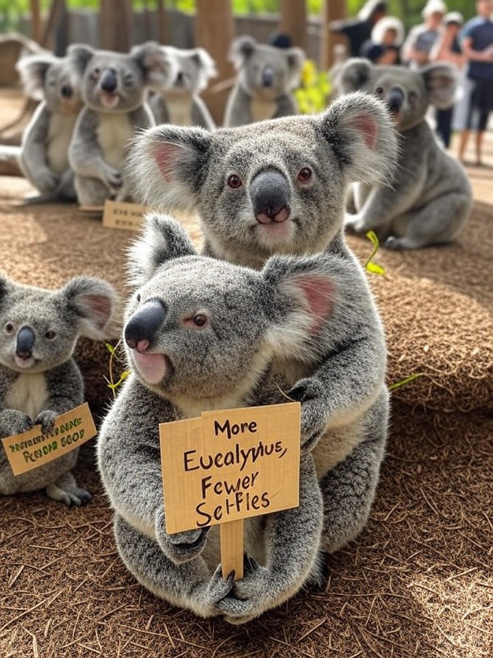 Image that is a representation of Rebellious Koalas Stage Sit-In at Australian Zoo, Demand More Eucalyptus and Fewer Selfies