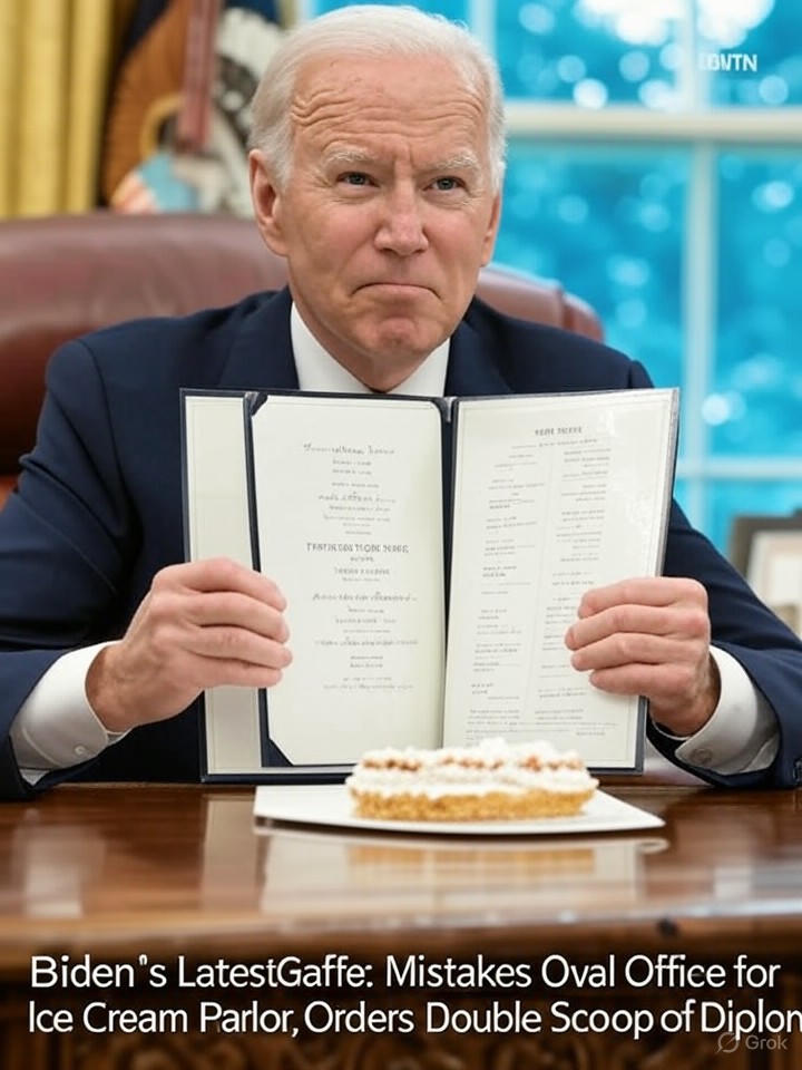 Image that is a representation of Biden's Latest Gaffe: Mistakes Oval Office for Ice Cream Parlor, Orders Double Scoop of Diplomacy