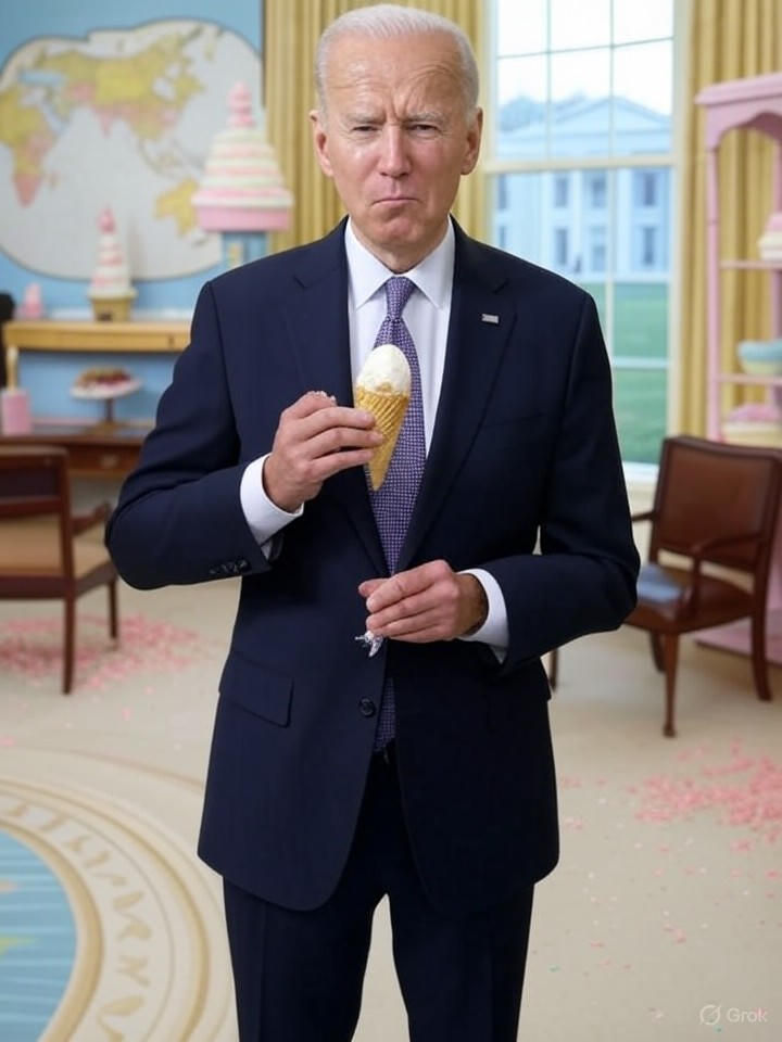 Image that is a representation of Biden's Latest Gaffe: Mistakes Oval Office for Ice Cream Parlor, Orders Double Scoop of Diplomacy