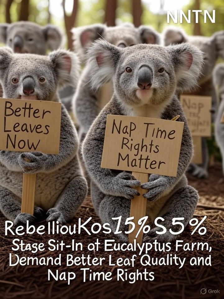 Image that is a representation of Rebellious Koalas Stage Sit-In at Eucalyptus Farm, Demand Better Leaf Quality and Nap Time Rights