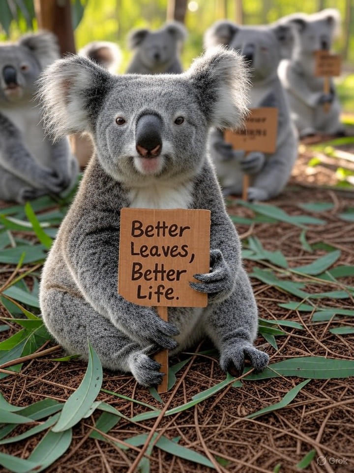 Image that is a representation of Rebellious Koalas Stage Sit-In at Eucalyptus Farm, Demand Better Leaf Quality and Nap Time Rights
