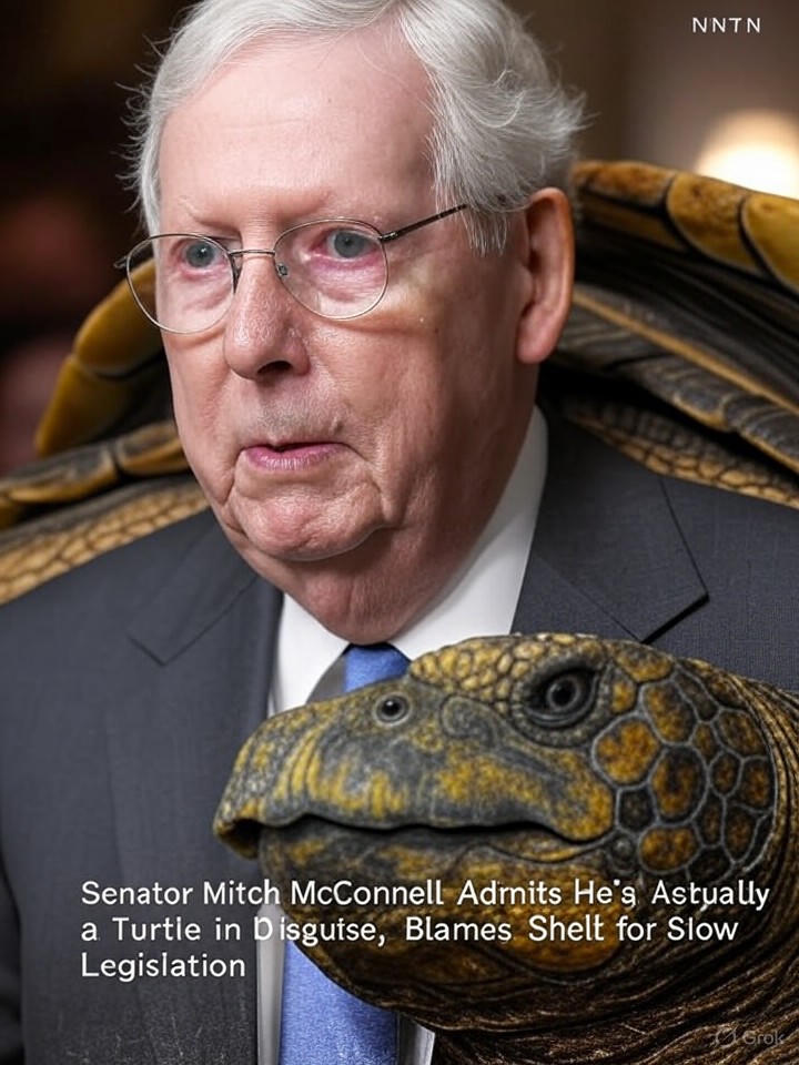 Image that is a representation of Senator Mitch McConnell Admits He's Actually a Turtle in Disguise, Blames Shell for Slow Legislation
