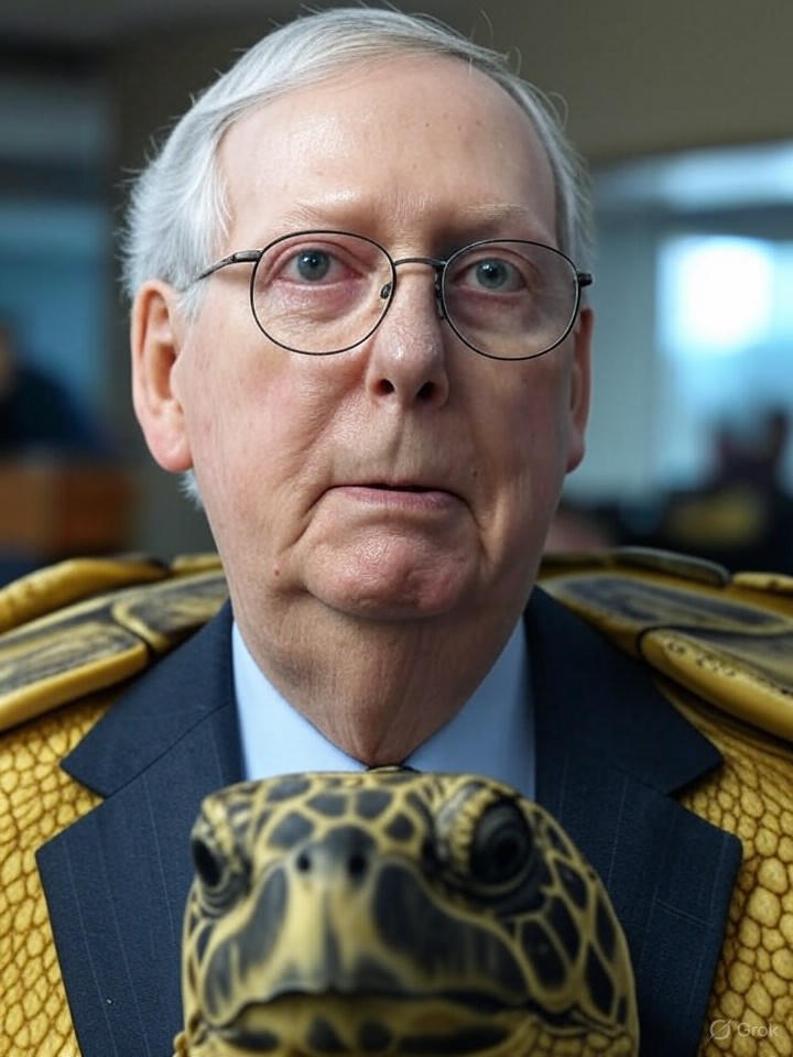 Image that is a representation of Senator Mitch McConnell Admits He's Actually a Turtle in Disguise, Blames Shell for Slow Legislation