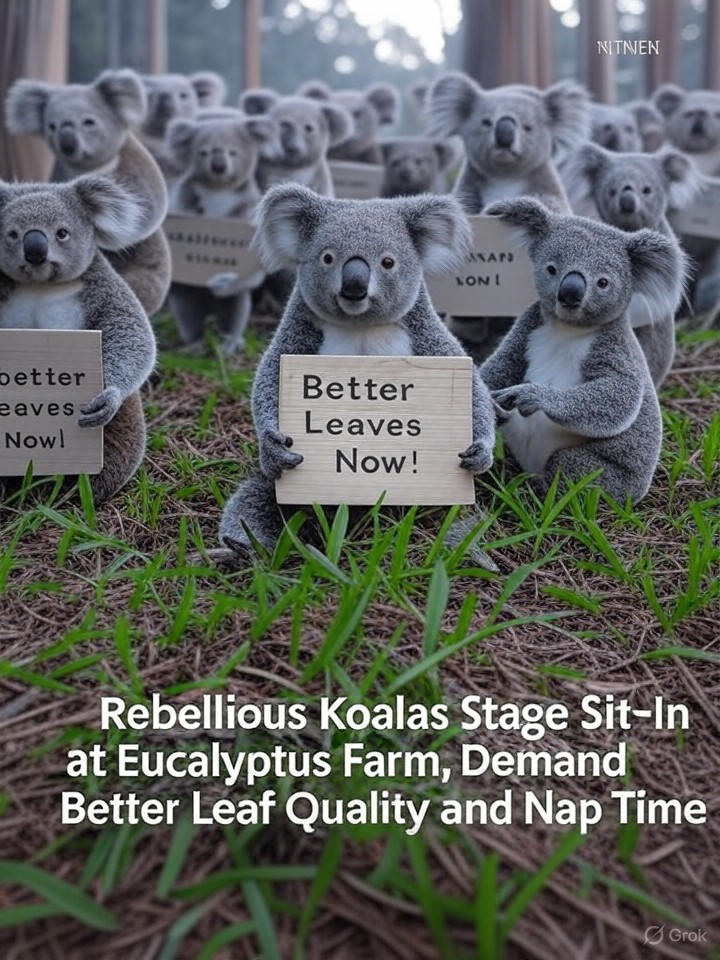 Image that is a representation of Rebellious Koalas Stage Sit-In at Eucalyptus Farm, Demand Better Leaf Quality and Nap Time