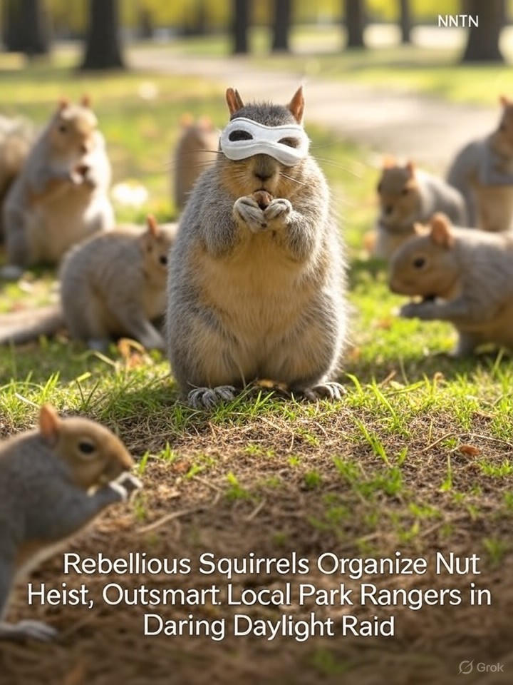 Image that is a representation of Rebellious Squirrels Organize Nut Heist, Outsmart Local Park Rangers in Daring Daylight Raid