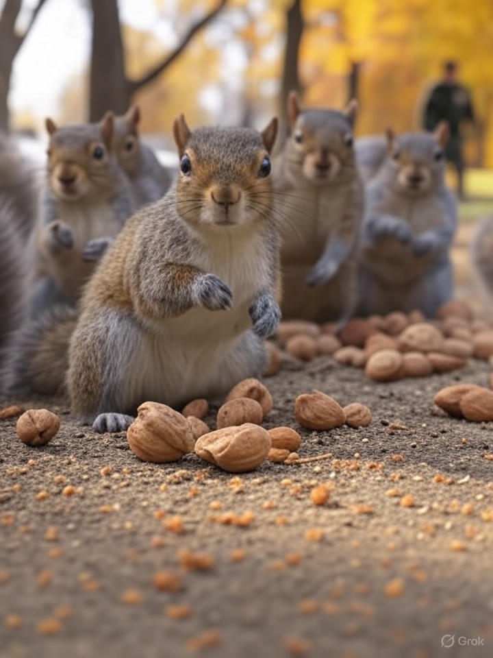 Image that is a representation of Rebellious Squirrels Organize Nut Heist, Outsmart Local Park Rangers in Daring Daylight Raid