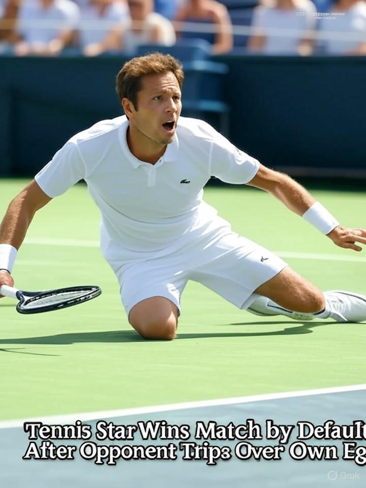 Image that is a representation of Tennis Star Wins Match by Default After Opponent Trips Over Own Ego