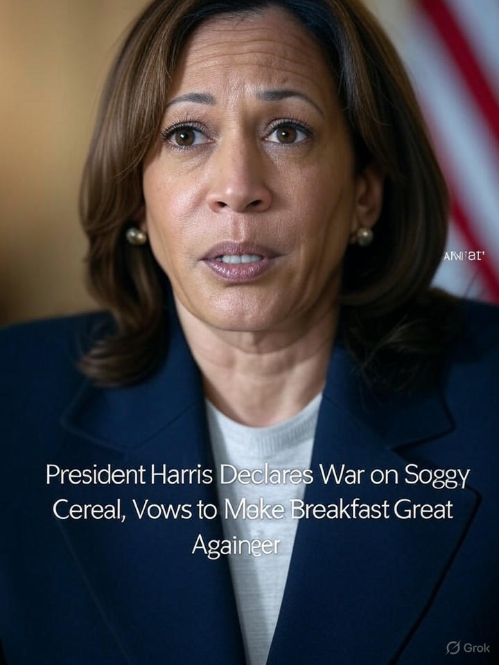 Image that is a representation of President Harris Declares War on Soggy Cereal, Vows to Make Breakfast Great Again