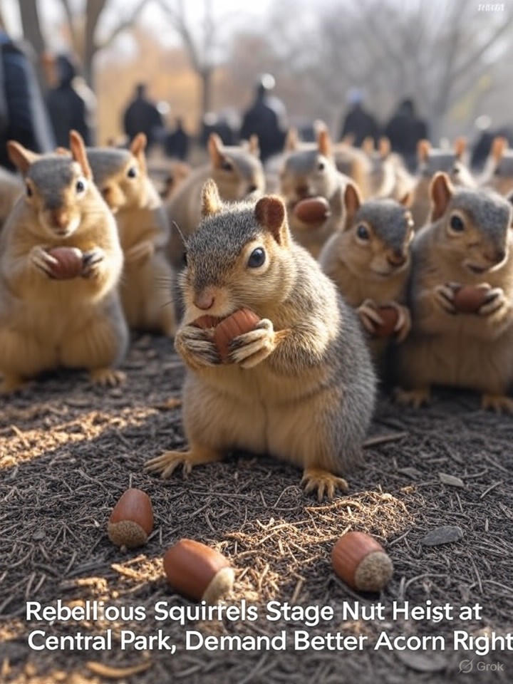 Image that is a representation of Rebellious Squirrels Stage Nut Heist at Central Park, Demand Better Acorn Rights