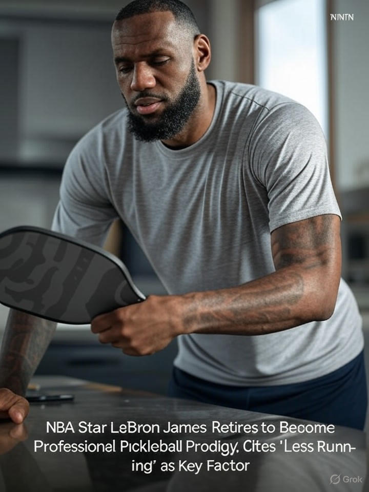Image that is a representation of NBA Star LeBron James Retires to Become Professional Pickleball Prodigy, Cites 'Less Running' as Key Factor