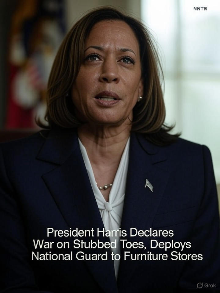 Image that is a representation of President Harris Declares War on Stubbed Toes, Deploys National Guard to Furniture Stores