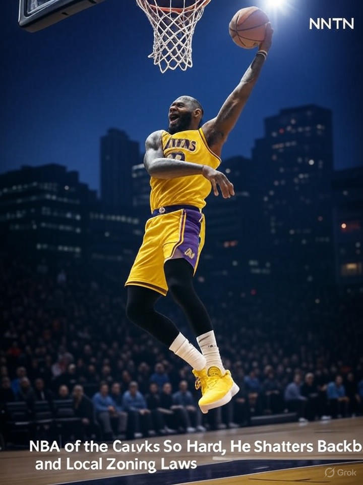 Image that is a representation of NBA Star Dunks So Hard, He Shatters Backboard and Local Zoning Laws