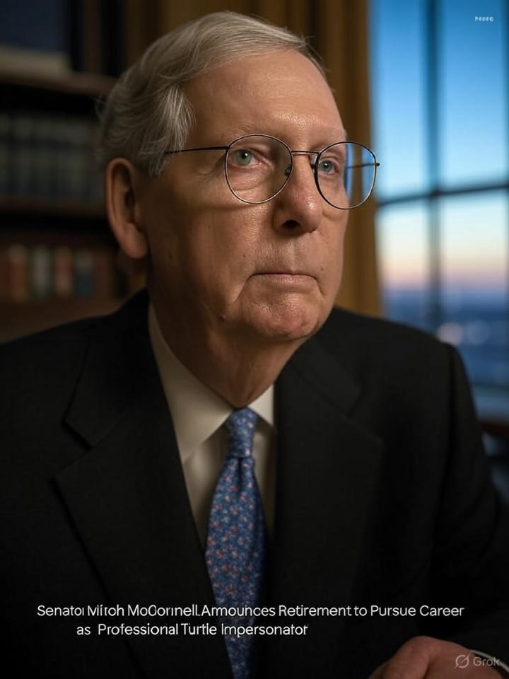 Image that is a representation of Senator Mitch McConnell Announces Retirement to Pursue Career as Professional Turtle Impersonator