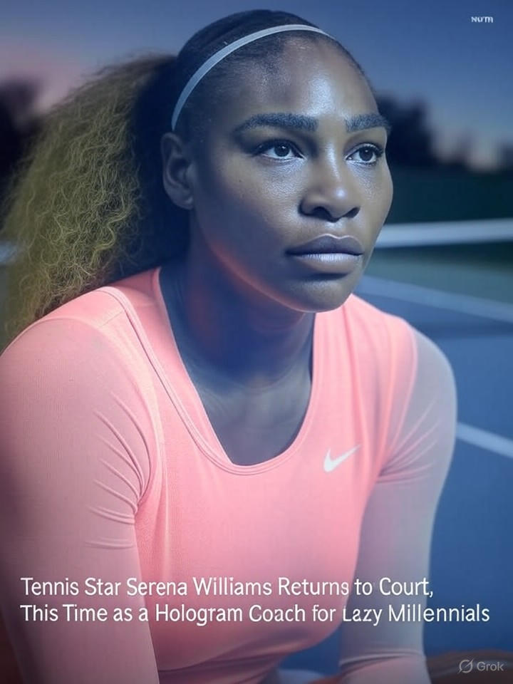 Image that is a representation of Tennis Star Serena Williams Returns to Court, This Time as a Hologram Coach for Lazy Millennials