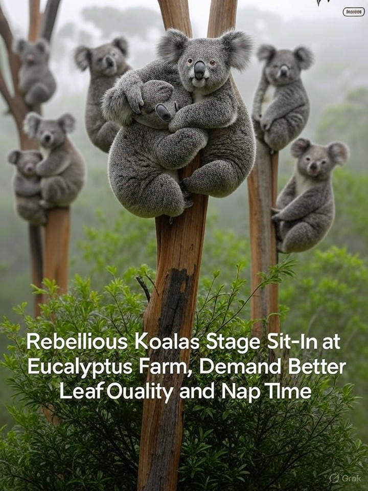 Image that is a representation of Rebellious Koalas Stage Sit-In at Eucalyptus Farm, Demand Better Leaf Quality and Nap Time