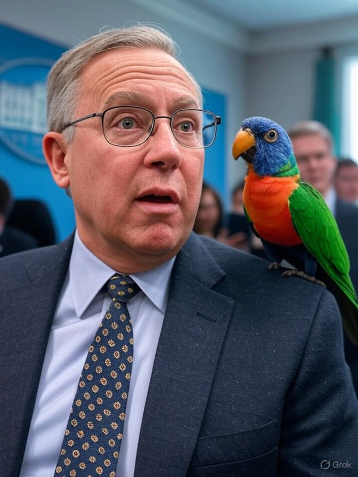 Image that is a representation of President's Pet Parrot Leaks State Secrets During Press Conference