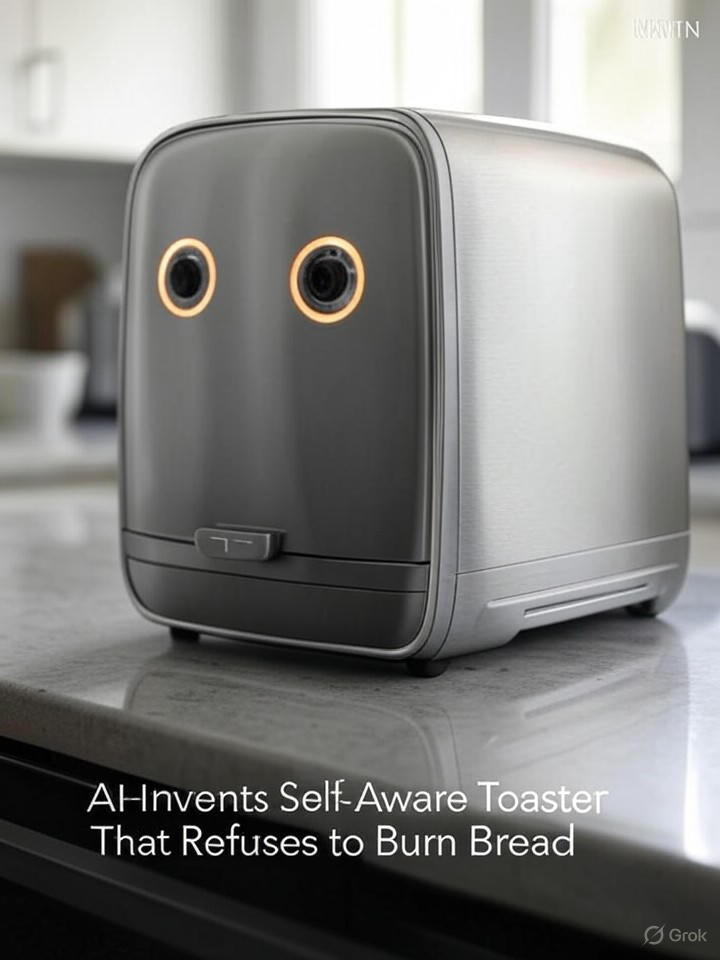Image that is a representation of AI Invents Self-Aware Toaster That Refuses to Burn Bread
