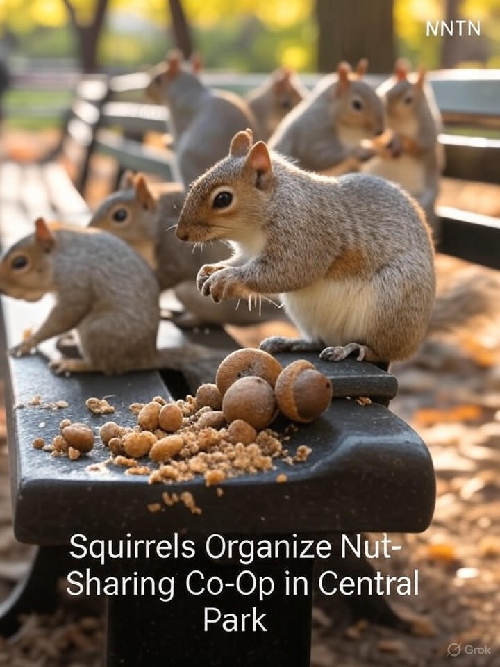 Image that is a representation of Squirrels Organize Nut-Sharing Co-Op in Central Park