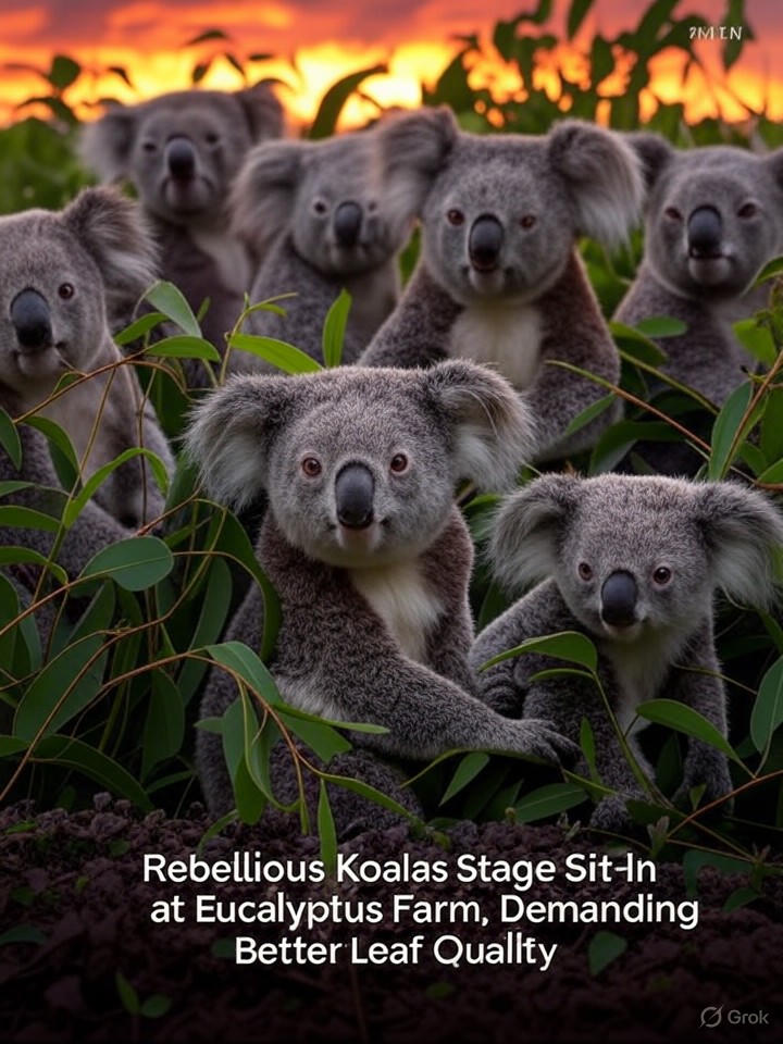 Image that is a representation of Rebellious Koalas Stage Sit-In at Eucalyptus Farm, Demanding Better Leaf Quality