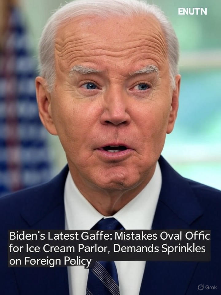Image that is a representation of Biden's Latest Gaffe: Mistakes Oval Office for Ice Cream Parlor, Demands Sprinkles on Foreign Policy