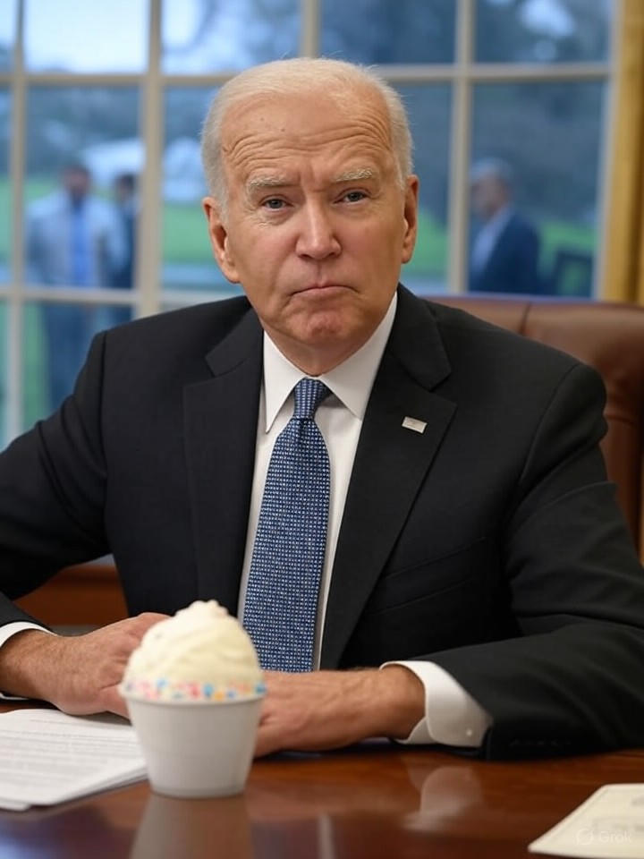 Image that is a representation of Biden's Latest Gaffe: Mistakes Oval Office for Ice Cream Parlor, Demands Sprinkles on Foreign Policy