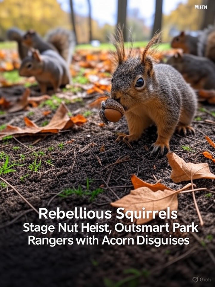 Image that is a representation of Rebellious Squirrels Stage Nut Heist, Outsmart Park Rangers with Acorn Disguises