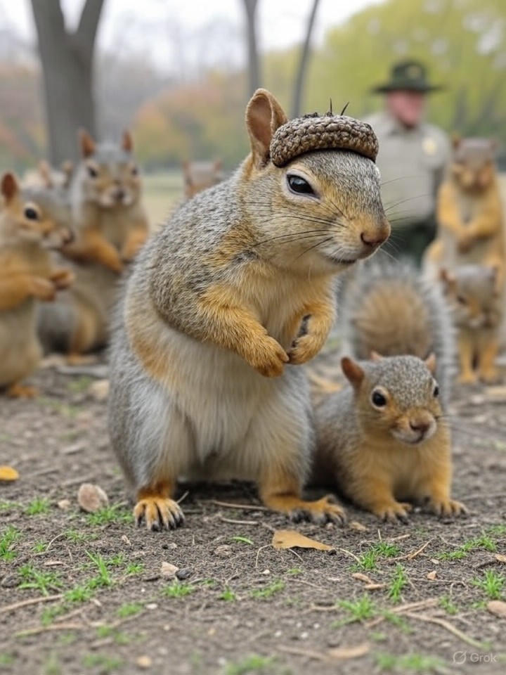 Image that is a representation of Rebellious Squirrels Stage Nut Heist, Outsmart Park Rangers with Acorn Disguises