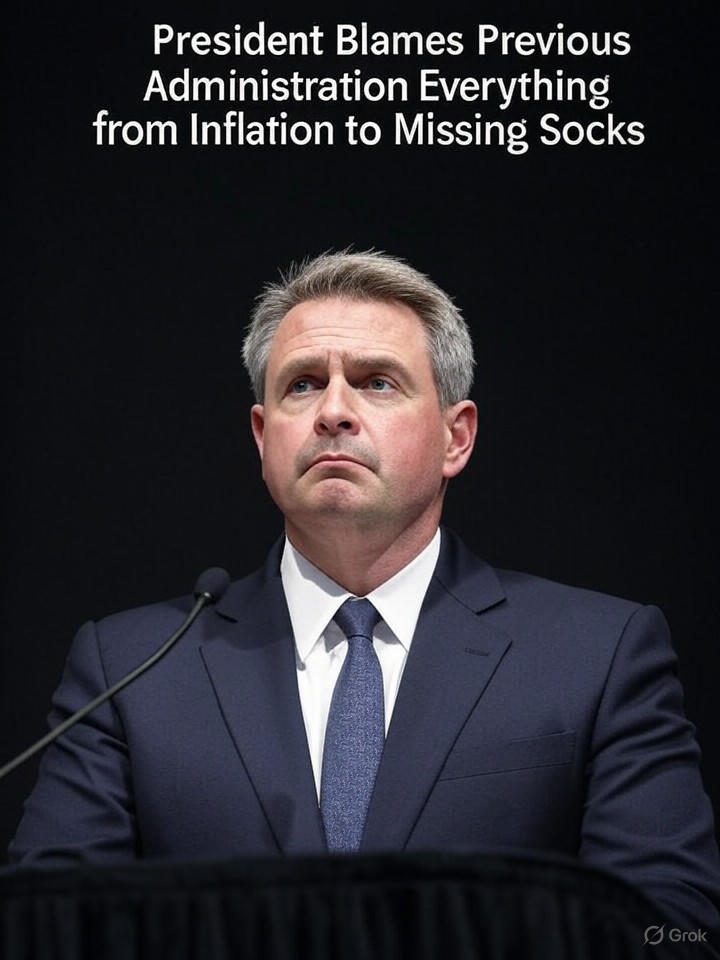 Image that is a representation of President Blames Previous Administration for Everything from Inflation to Missing Socks