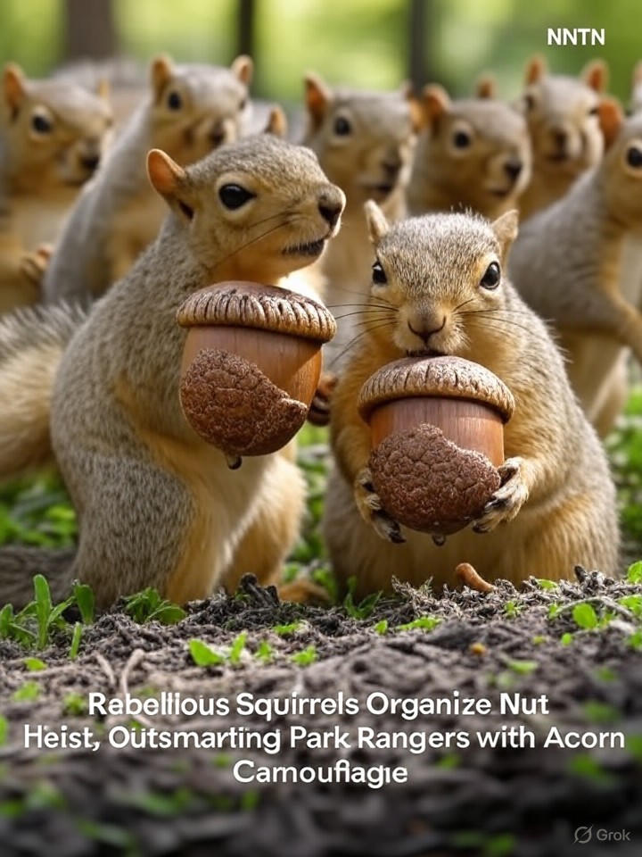 Image that is a representation of Rebellious Squirrels Organize Nut Heist, Outsmarting Park Rangers with Acorn Camouflage