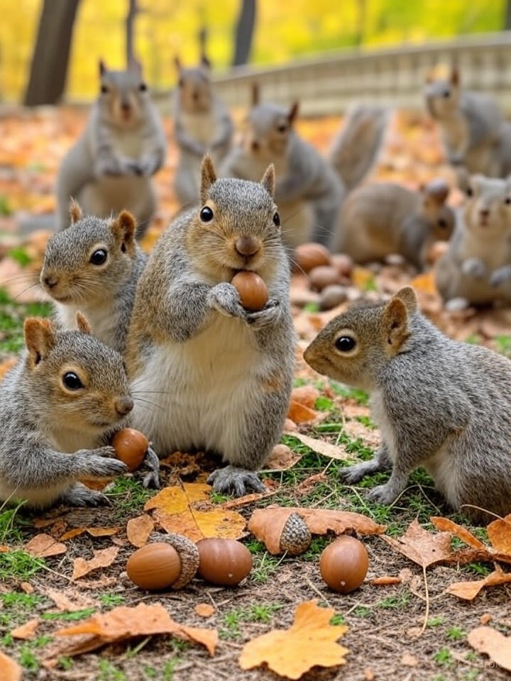 Image that is a representation of Rebellious Squirrels Organize Nut Heist, Outsmarting Park Rangers with Acorn Camouflage