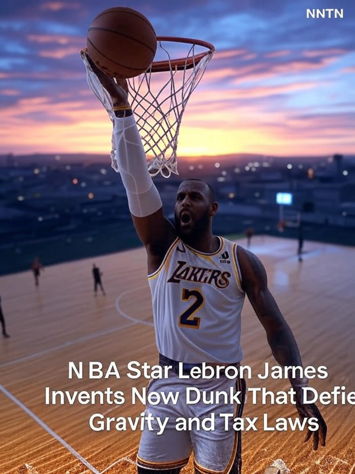 Image that is a representation of NBA Star LeBron James Invents New Dunk That Defies Gravity and Tax Laws