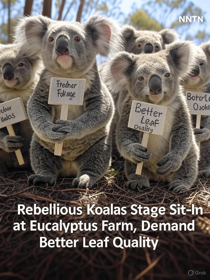 Image that is a representation of Rebellious Koalas Stage Sit-In at Eucalyptus Farm, Demand Better Leaf Quality