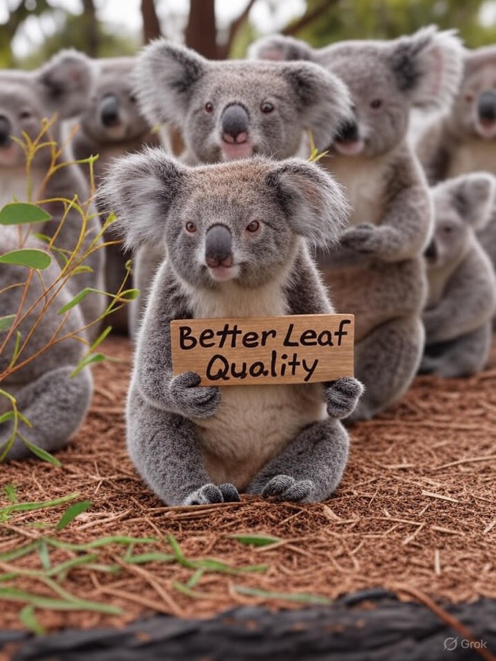 Image that is a representation of Rebellious Koalas Stage Sit-In at Eucalyptus Farm, Demand Better Leaf Quality