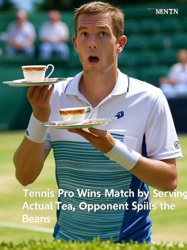 Image that is a representation of Tennis Pro Wins Match by Serving Actual Tea, Opponent Spills the Beans