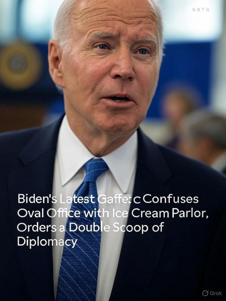 Image that is a representation of Biden's Latest Gaffe: Confuses Oval Office with Ice Cream Parlor, Orders a Double Scoop of Diplomacy