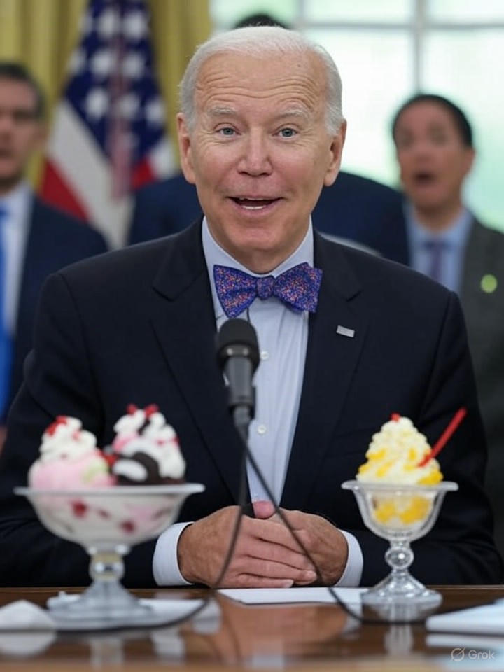 Image that is a representation of Biden's Latest Gaffe: Confuses Oval Office with Ice Cream Parlor, Orders a Double Scoop of Diplomacy