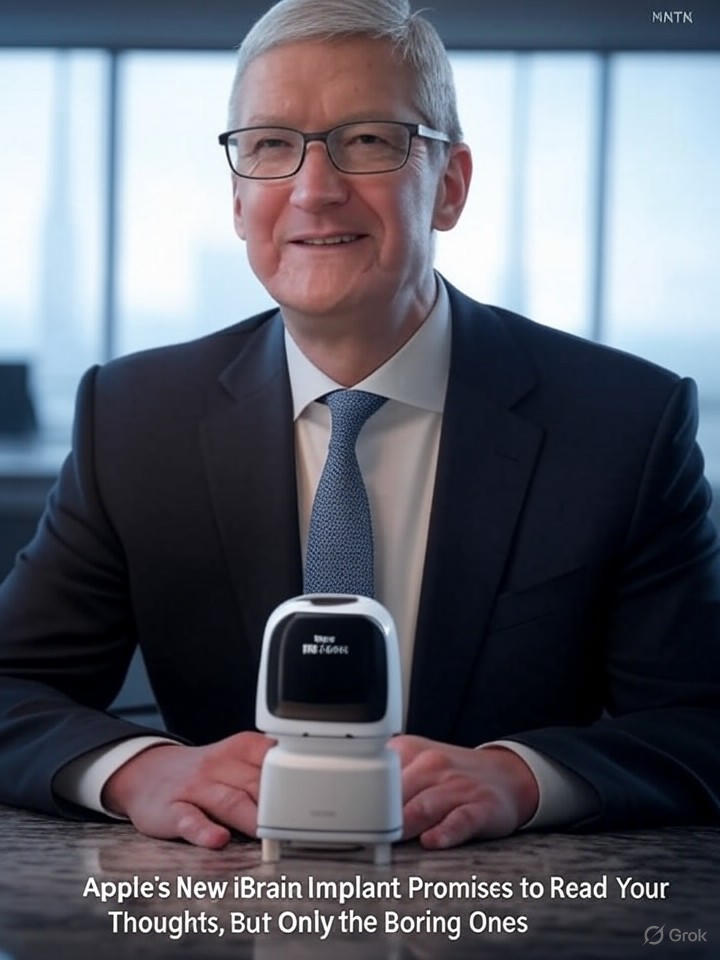 Image that is a representation of Apple's New iBrain Implant Promises to Read Your Thoughts, But Only the Boring Ones
