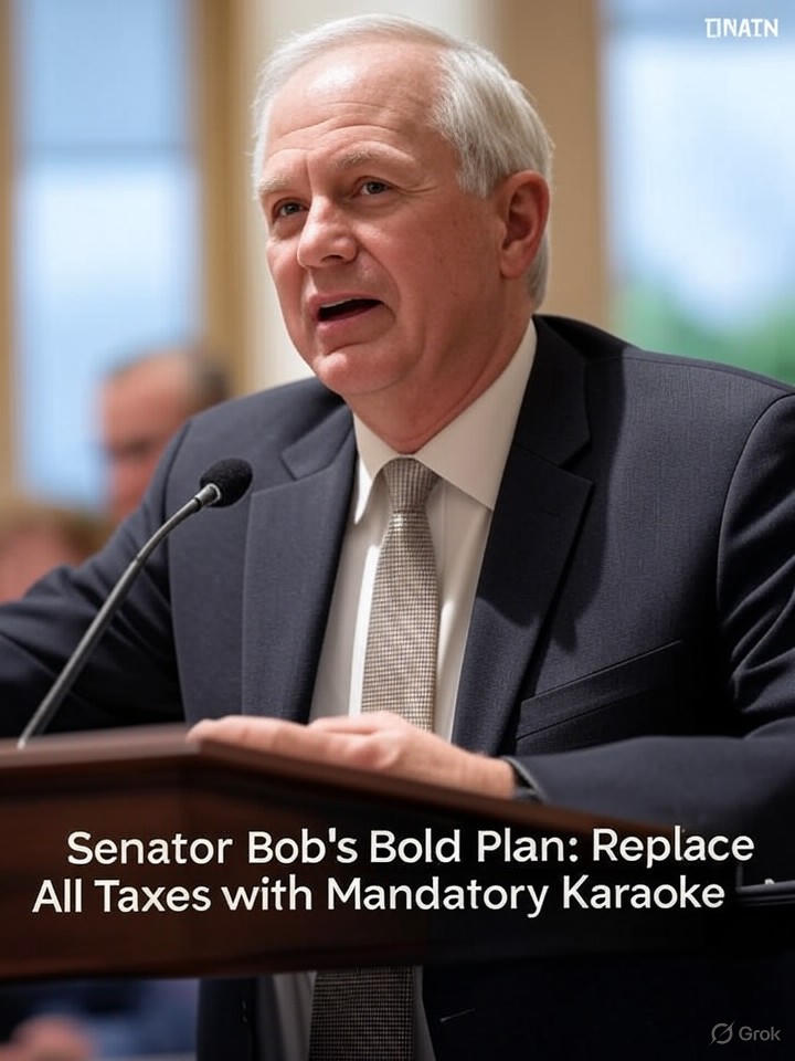 Image that is a representation of Senator Bob's Bold Plan: Replace All Taxes with Mandatory Karaoke Nights