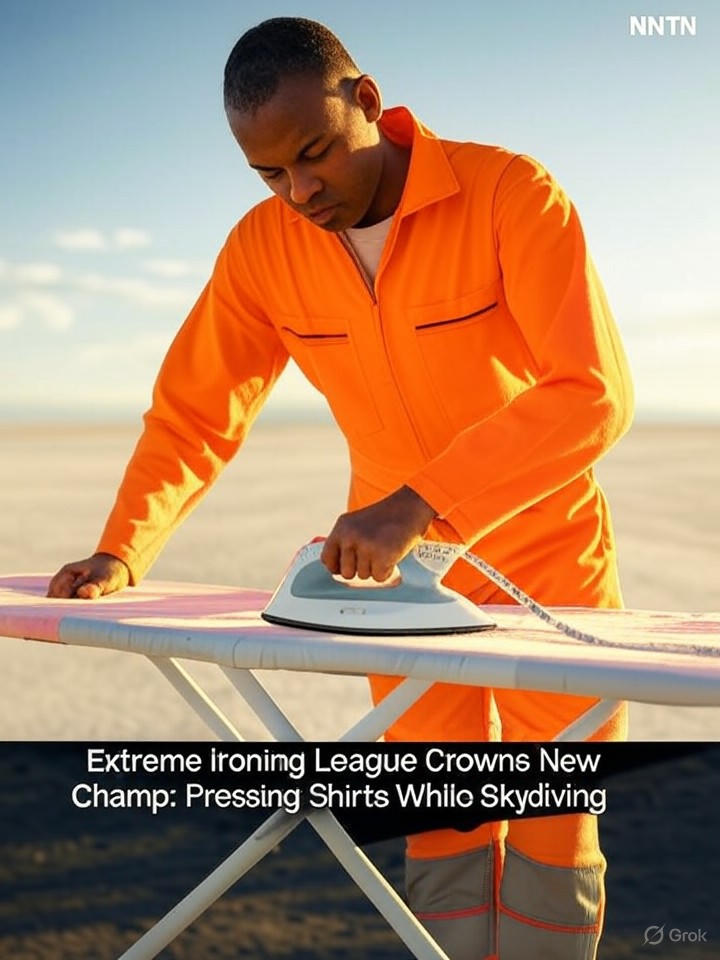 Image that is a representation of Extreme Ironing League Crowns New Champ: Pressing Shirts While Skydiving
