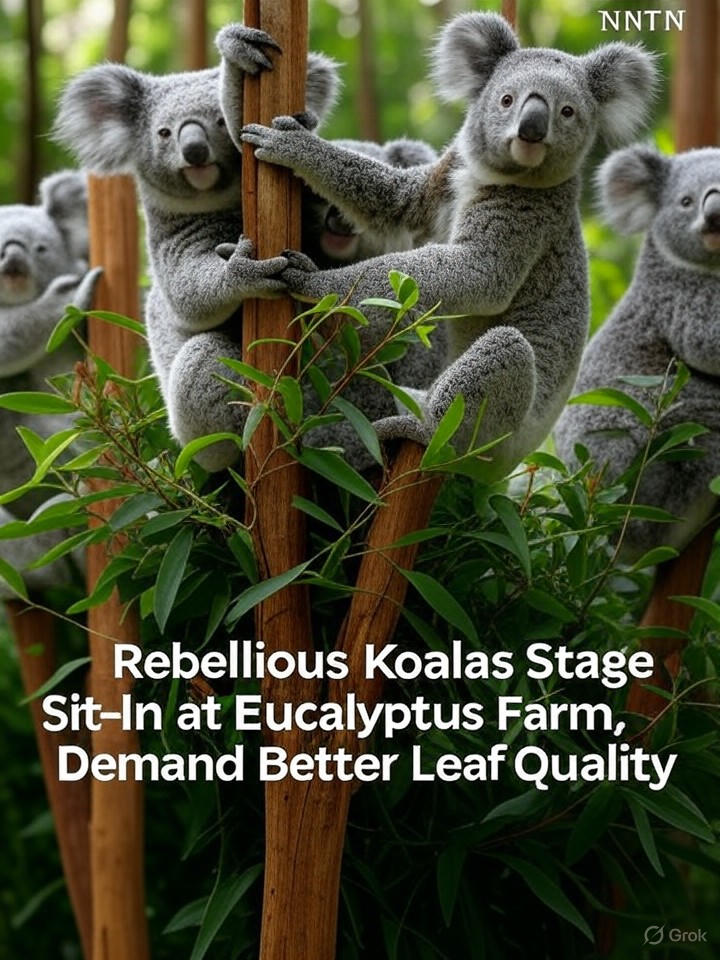 Image that is a representation of Rebellious Koalas Stage Sit-In at Eucalyptus Farm, Demand Better Leaf Quality