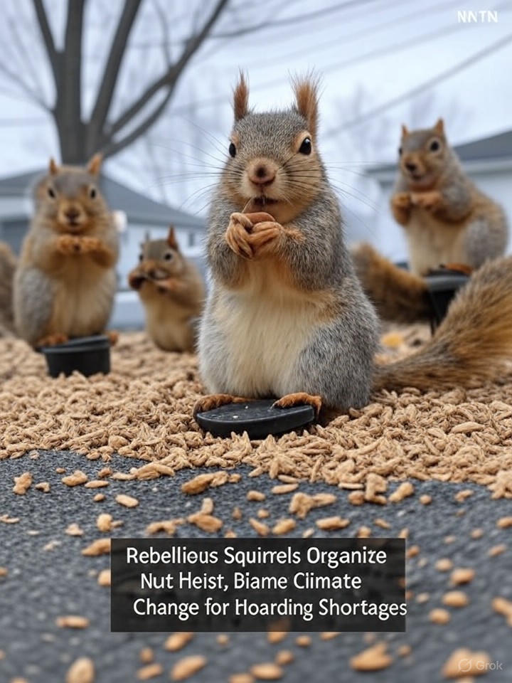 Image that is a representation of Rebellious Squirrels Organize Nut Heist, Blame Climate Change for Hoarding Shortages