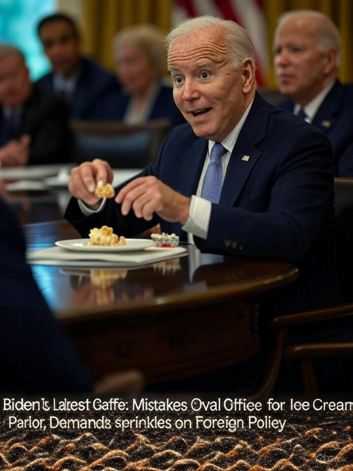 Image that is a representation of Biden's Latest Gaffe: Mistakes Oval Office for Ice Cream Parlor, Demands sprinkles on Foreign Policy