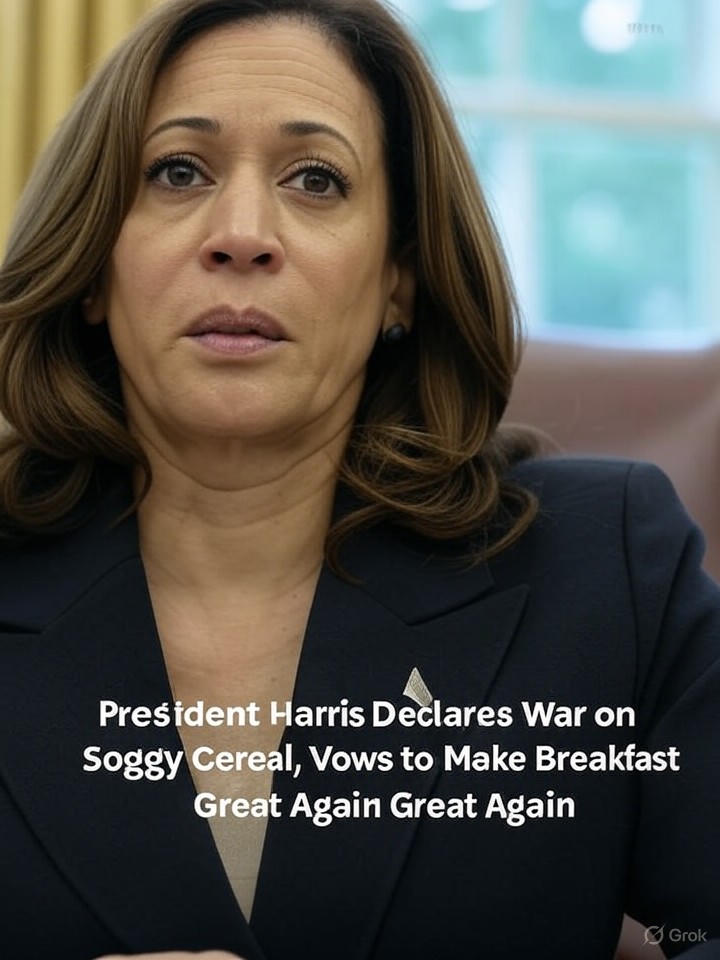 Image that is a representation of President Harris Declares War on Soggy Cereal, Vows to Make Breakfast Great Again