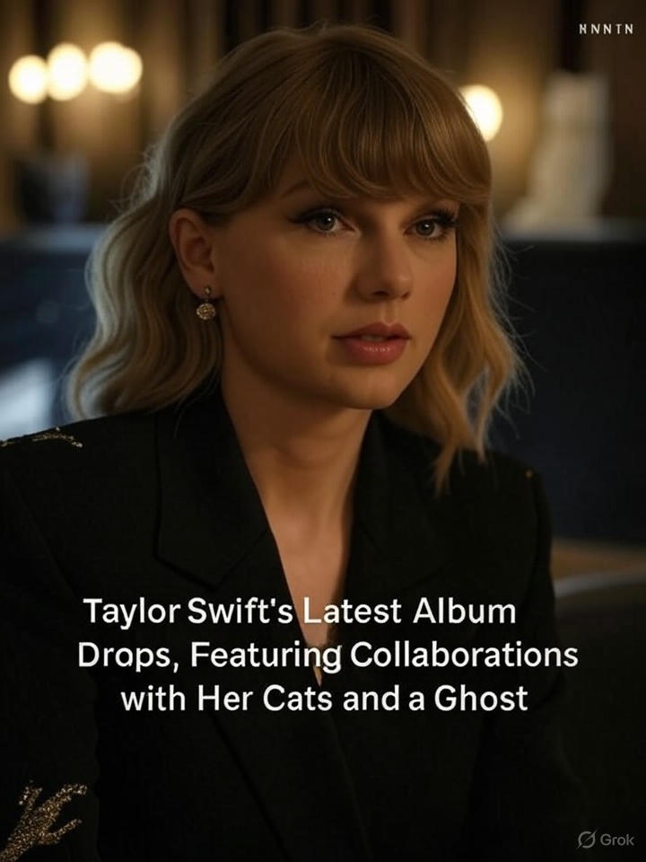 Image that is a representation of Taylor Swift's Latest Album Drops, Featuring Collaborations with Her Cats and a Ghost