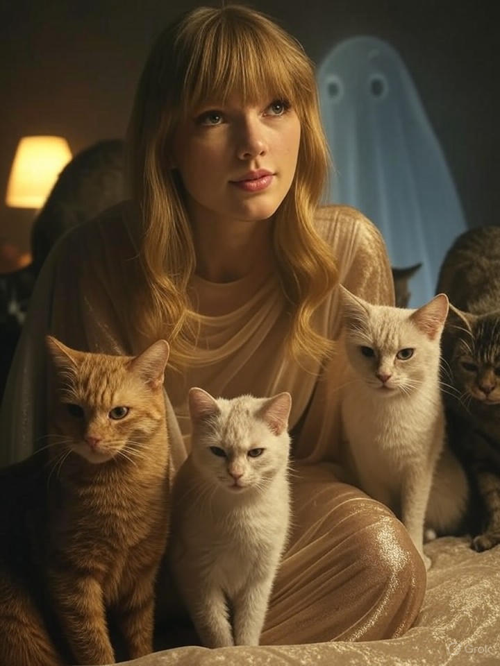 Image that is a representation of Taylor Swift's Latest Album Drops, Featuring Collaborations with Her Cats and a Ghost